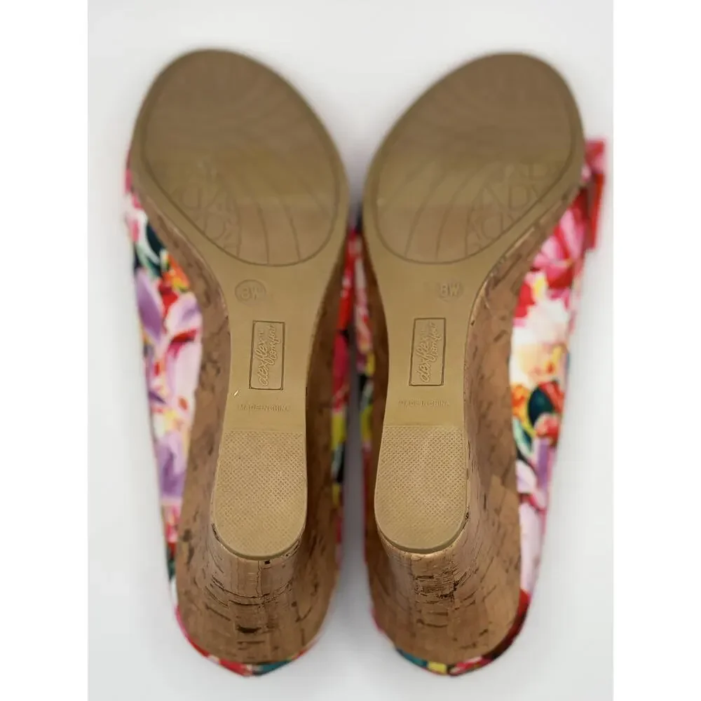 Dexflex Comfort Floral Cork Wedge Peep Toe Pumps Women's Size 8W Pink Bow Shoes